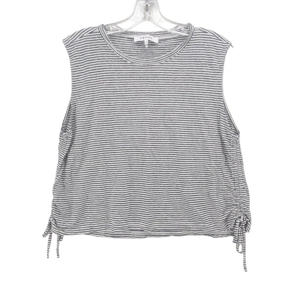 FRAME 100% Linen Tee Tank Black White Striped Cinch Sides Cropped LARGE - Picture 1 of 6